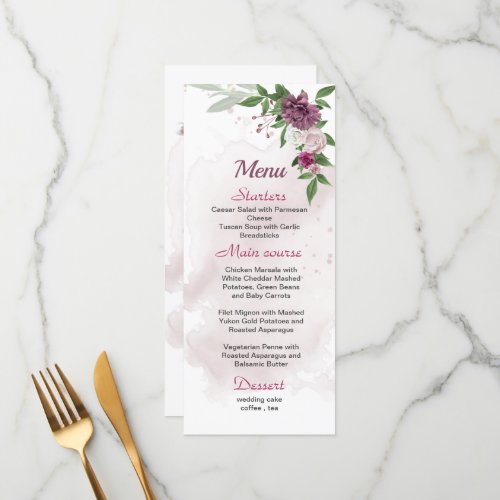 pink mauve flowers greenery wedding menu