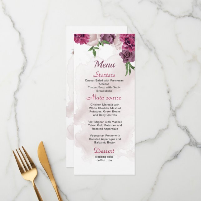 pink mauve flowers greenery wedding menu (Front/Back In Situ)