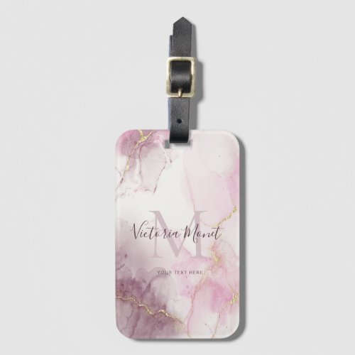 Pink Mauve Gold Vein Marble Script   Luggage Tag