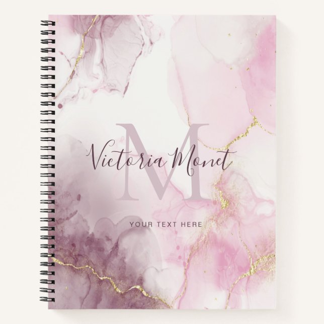 Pink Mauve Gold Vein Marble Script Notebook (Front)