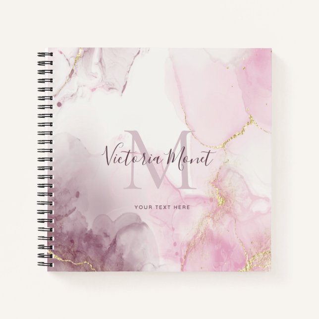 Pink Mauve Gold Vein Marble Script Notebook (Front)