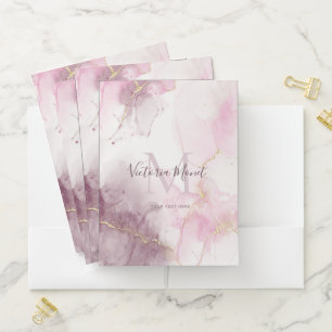 Pink Mauve Gold Vein Marble Script  Pocket Folder