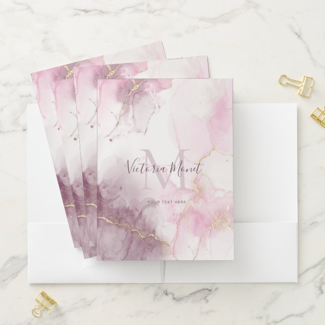 Pink Mauve Gold Vein Marble Script  Pocket Folder (In Situ)