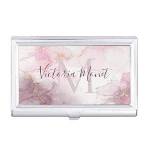 Pink Mauve Gold Vein Marble Script Uncommon Business Card Case