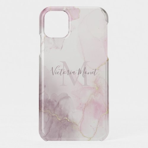 Pink Mauve Gold Vein Marble Script iPhone 11 Case