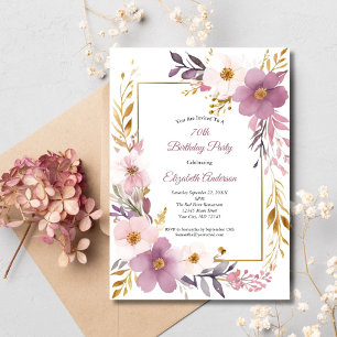 Pink Mauve Gold Watercolor Floral 70th Birthday Invitation