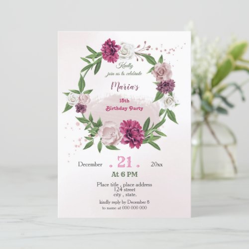 pink mauve greenery botanical wreath birthday invitation