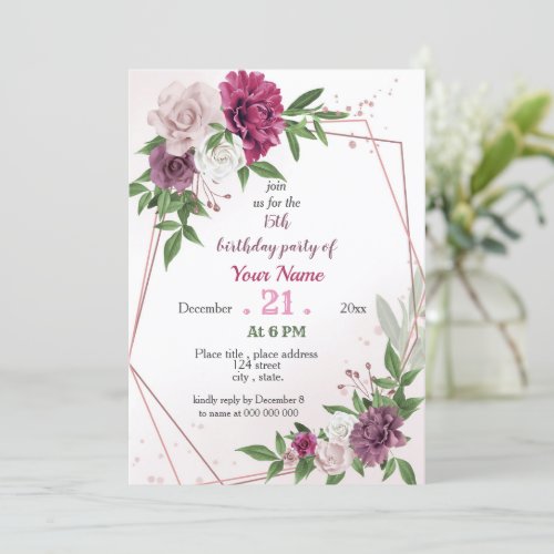 pink mauve greenery geometric birthday invitation