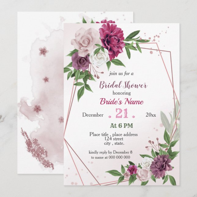 pink mauve greenery geometric bridal shower invitation (Front/Back)