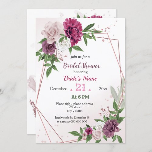 pink mauve greenery geometric bridal shower invitation