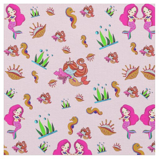 Pink Mauve Mermaids with Seahorses & Shells Fabric