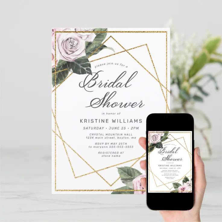 Pink Mauve Rose Floral Gold Frame Bridal Shower Invitation Zazzle