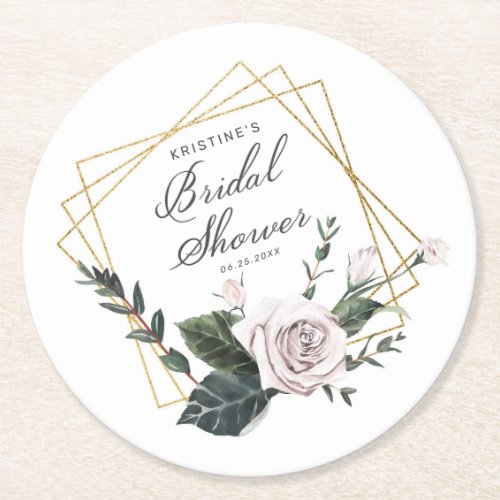 Pink Mauve Rose Floral Gold Frame Bridal Shower Ro Round Paper Coaster
