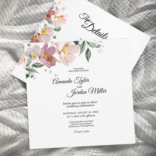Pink Mauve Vintage Floral Square All One Wedding Invitation
