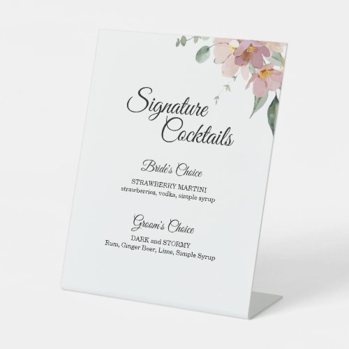 Pink Mauve Vintage Floral Wedding Cocktail Menu Pedestal Sign