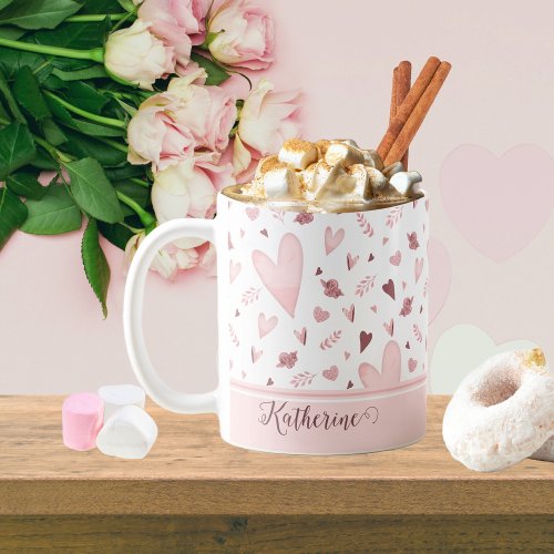 Pink  Mauve Watercolor Hearts Pattern Name Coffee Mug