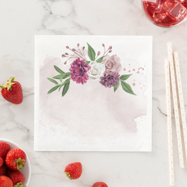 pink mauve white flowers botanical paper dinner napkins (Insitu)