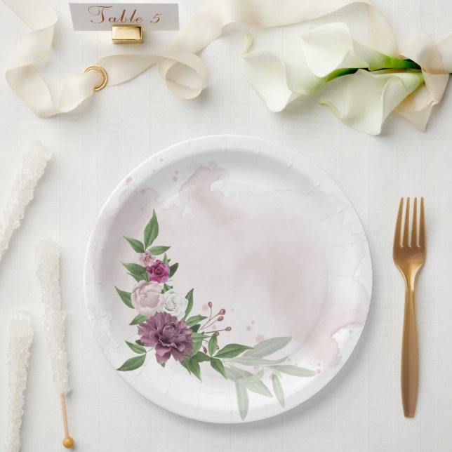pink mauve white flowers botanical  paper plates (Wedding)