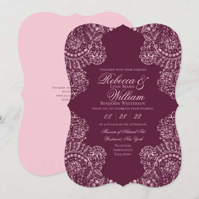 Pink Mauve Wine Lace Elegant Gothic Wedding Invitation (Front/Back)