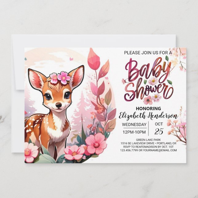 Pink Meadow Baby Deer Watercolor Baby Shower Invitation (Front)