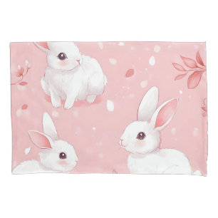 Pink Meadow Bunny Floral Garden Pillow Case