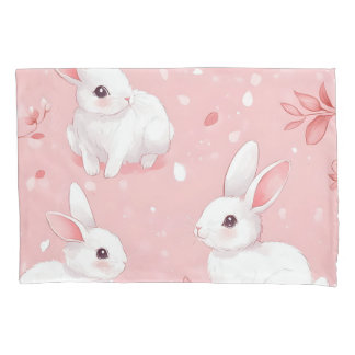 Pink Meadow Bunny Floral Garden Pillow Case
