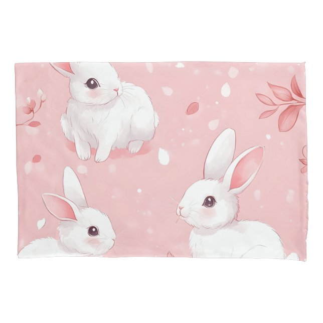 Pink Meadow Bunny Floral Garden Pillow Case (Front)