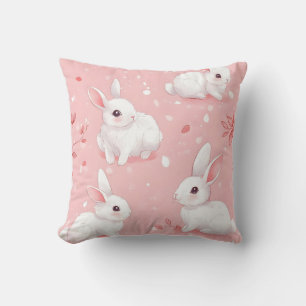Pink Meadow Bunny Floral Garden Throw Pillow
