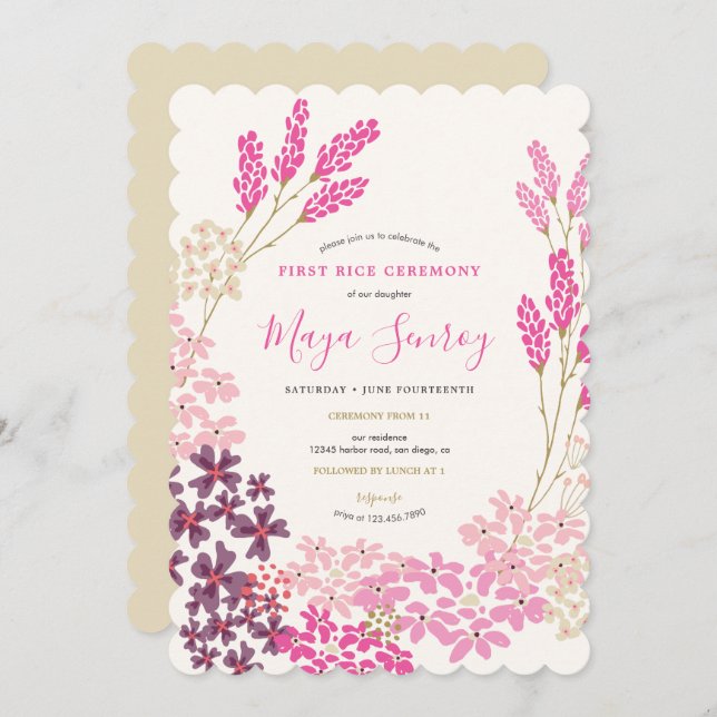 Pink Meadow First Rice Ceremony Invitation (Front/Back)