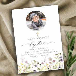 Pink Meadow Floral Butterfly Photo Baptism Invite