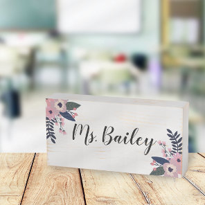 Pink Meadow | Floral Teacher Name Classroom Wooden Box Sign