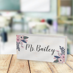 Pink Meadow   Floral Teacher Name Classroom Wooden Box Sign