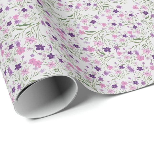Pink Meadow Flowers Wedding Wrapping Paper (Roll Corner)