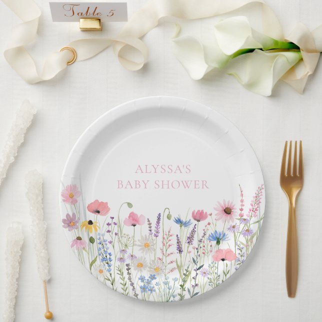 Pink Meadow Wildflowers Baby Shower Paper Plates (Wedding)