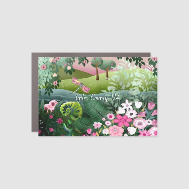 Pink Meadow with Dragonfly Handpainted  Car Magnet (Front)