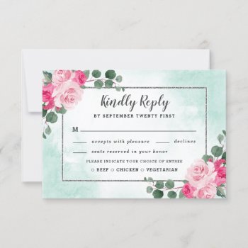 Pink Meal Choice Green Watercolor Floral Wedding Rsvp Card by RusticWeddings at Zazzle