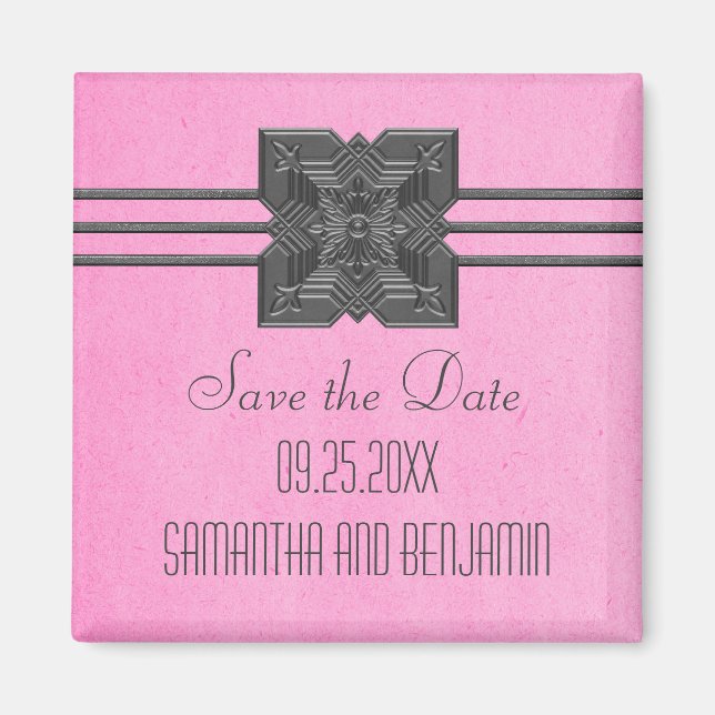 Pink Medallion Border Save the Date Magnet (Front)