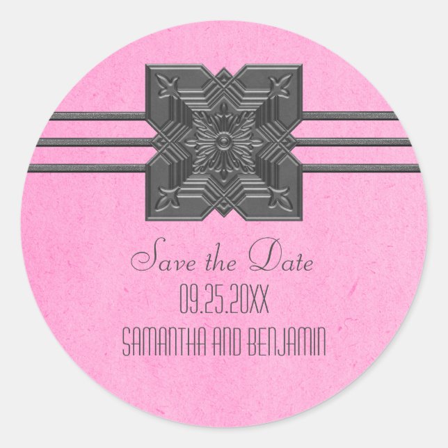 Pink Medallion Border Save the Date Stickers (Front)
