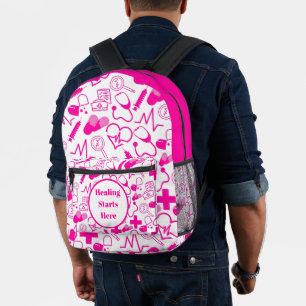 Pink Medical Icons Pattern Customizable Healthcare Printed Backpack