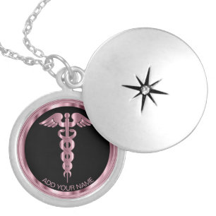 Pink Medical Symbol Caduceus - Personalized Locket Necklace
