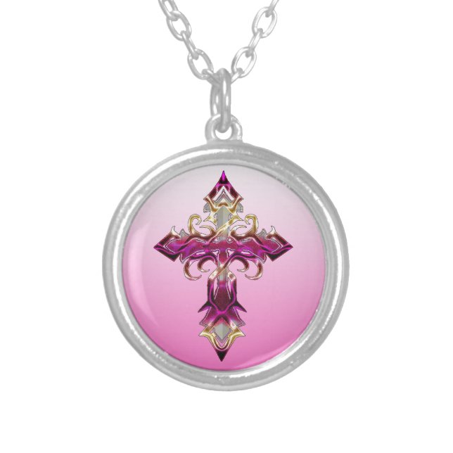 Pink Medieval Cross Necklace (Front)
