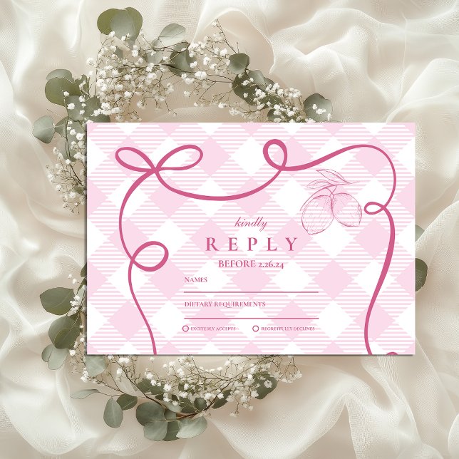 Pink Mediteranean Bow Gingham Lemons Wedding RSVP Card (Creator Uploaded)