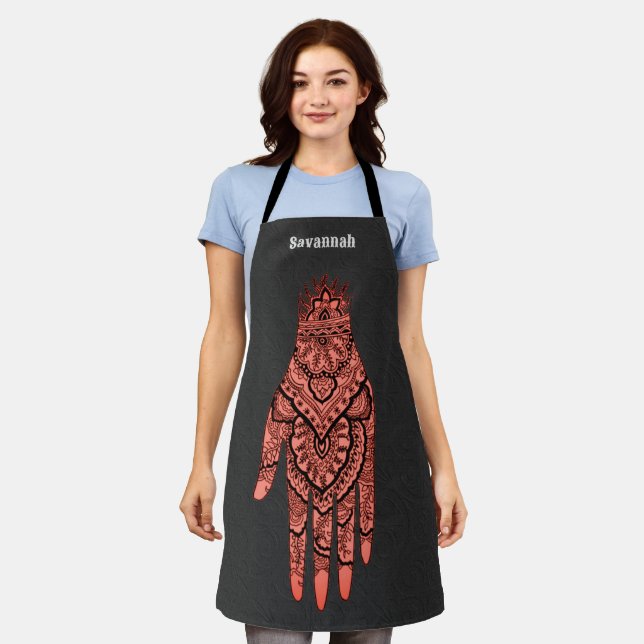 Pink Mehndi Hand Tattoo Art Design Personalized Apron (Worn)