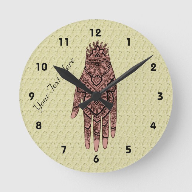 Pink Mehndi Hand Tattoo Art Round Clock (Front)