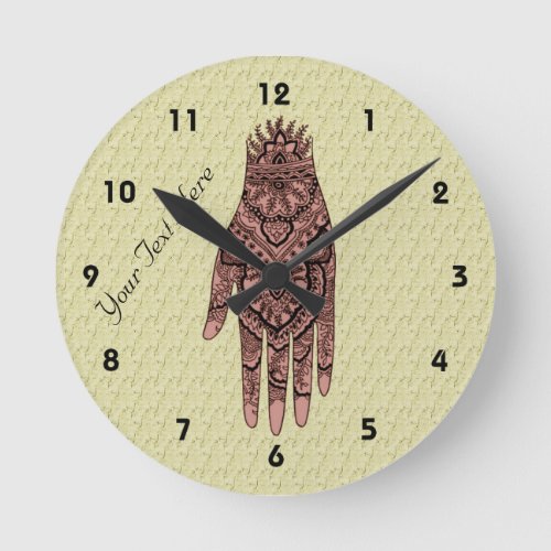 Pink Mehndi Hand Tattoo Art Round Clock