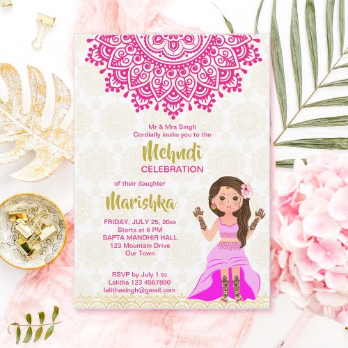 Pink mehndi mandala cute Indian girl cartoon Invitation