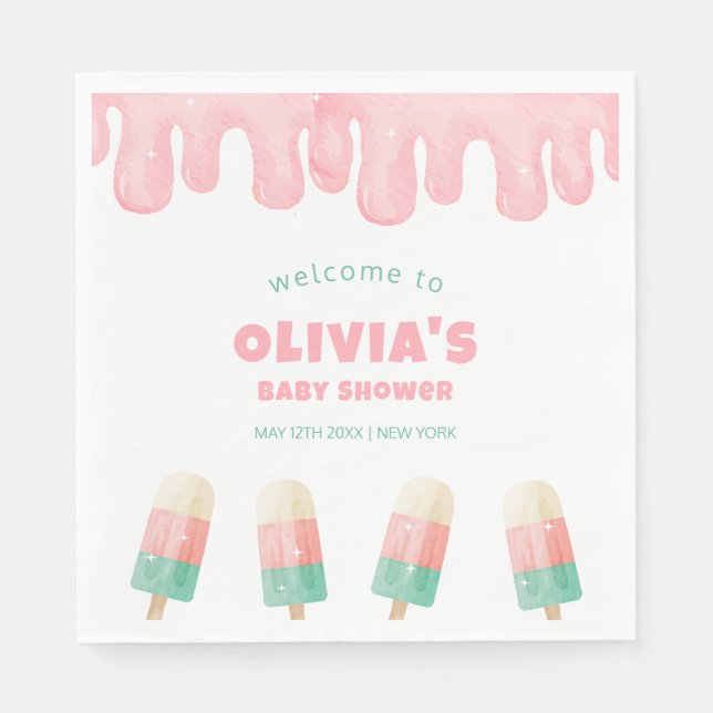 Pink Melt Ice Cream Pop Baby Shower Welcome  Napkins (Front)