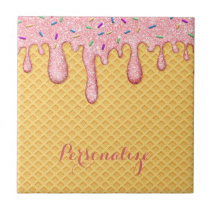 Pink Melting Ice Cream Cone Sweet Dessert Ceramic Tile