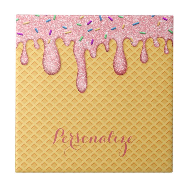 Pink Melting Ice Cream Cone Sweet Dessert Ceramic Tile (Front)