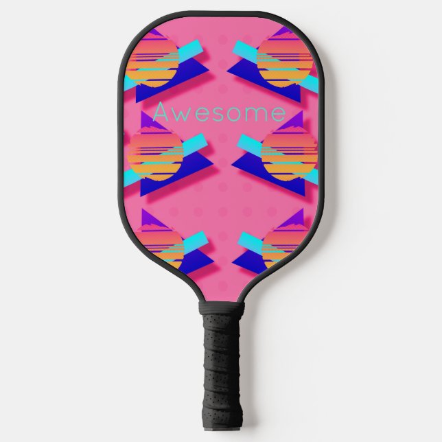 Pink Memphis Neon Triangle Patterns Pickleball Paddle (Front)